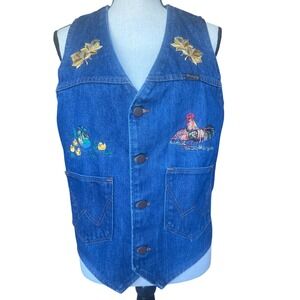 Vintage Wrangler Embroidered Denim Vest Duck Rooster Horse‎ Farm Women's Size M